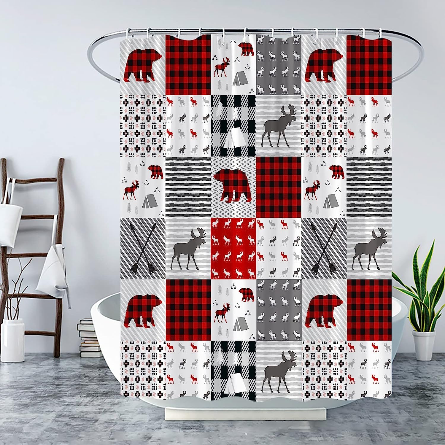 Rustic Plaid Bear Shower Curtain with Lodge Camping Wildlife Animal Print