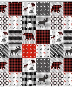 Rustic Plaid Bear Shower Curtain with Lodge Camping Wildlife Animal Print