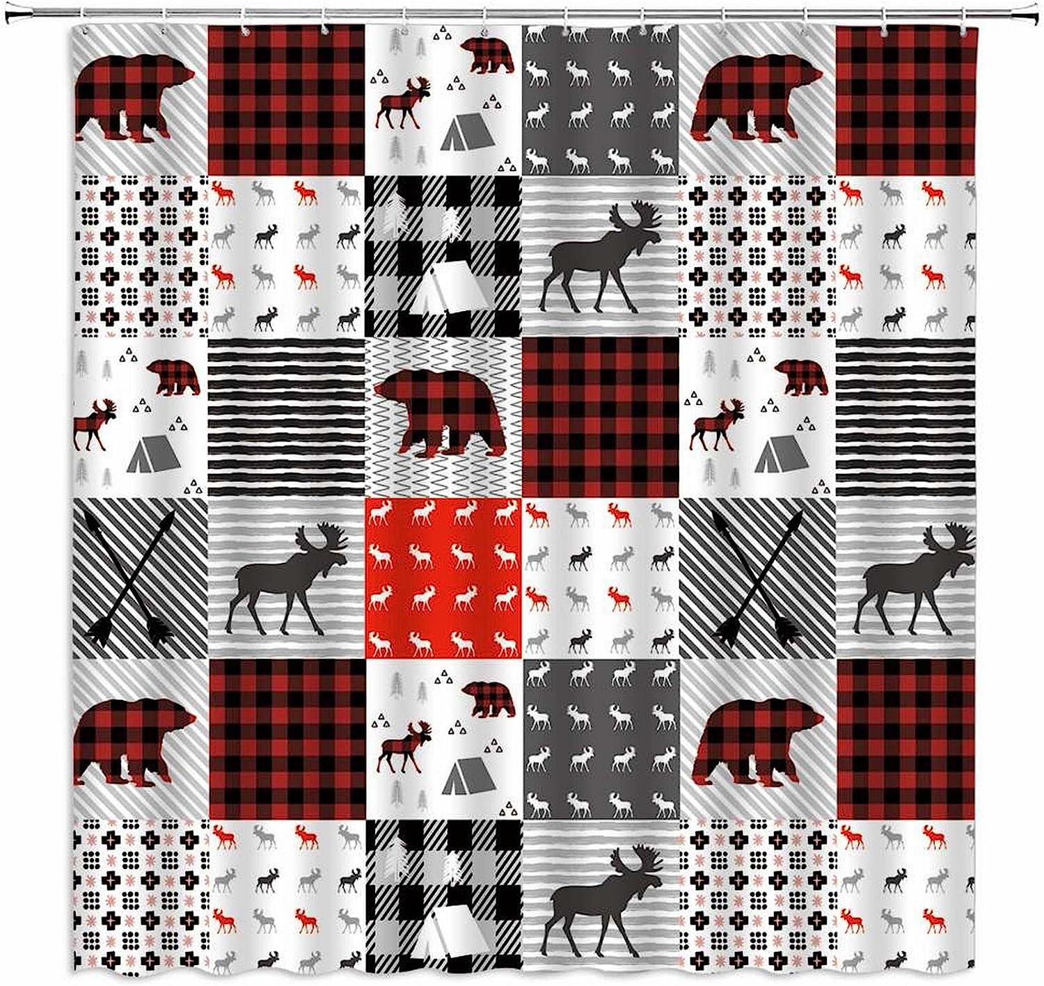 Rustic Plaid Bear Shower Curtain with Lodge Camping Wildlife Animal Print