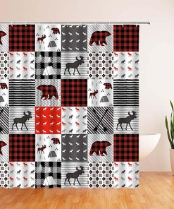 Rustic Plaid Bear Shower Curtain with Lodge Camping Wildlife Animal Print