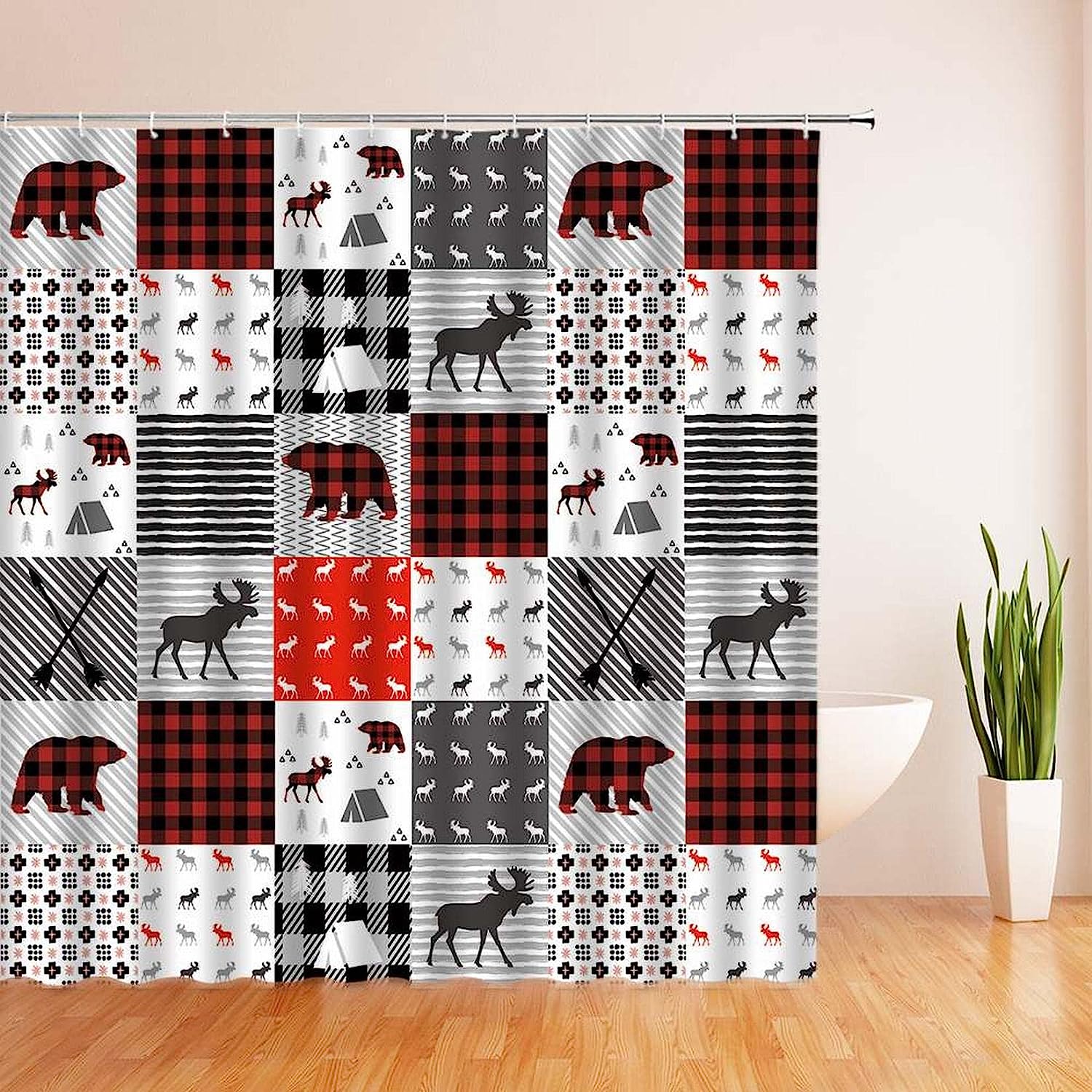 Rustic Plaid Bear Shower Curtain with Lodge Camping Wildlife Animal Print