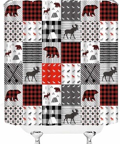 Rustic Plaid Bear Shower Curtain with Lodge Camping Wildlife Animal Print