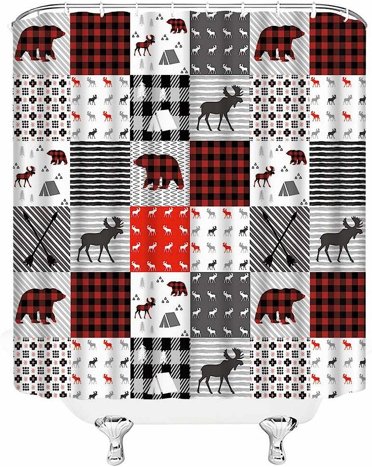 Rustic Plaid Bear Shower Curtain with Lodge Camping Wildlife Animal Print