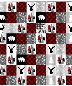 Rustic Plaid Shower Curtain With Bear, Deer, Pine Tree And Snowflake Print, Perfect For Rustic Farmhouse Bathroom