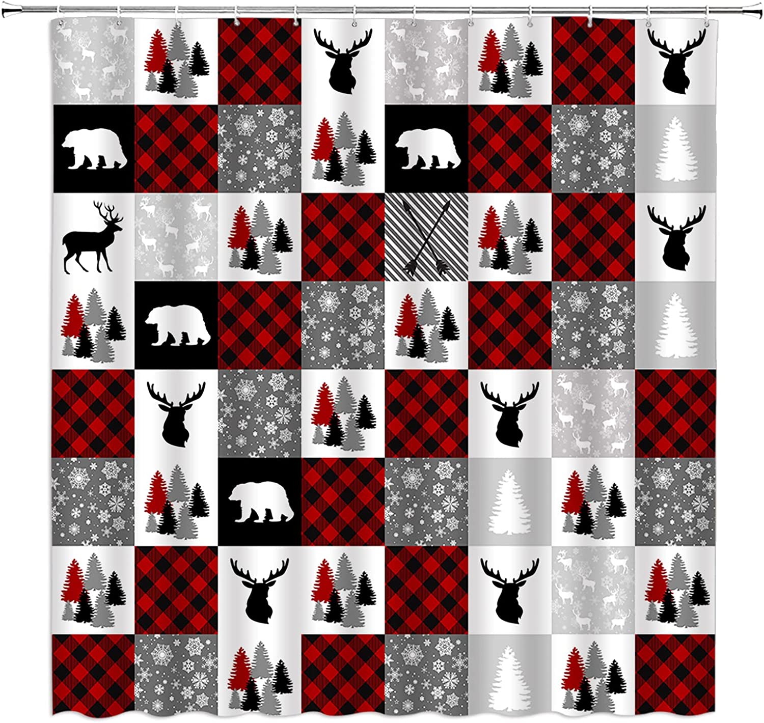 Rustic Plaid Shower Curtain With Bear, Deer, Pine Tree And Snowflake Print, Perfect For Rustic Farmhouse Bathroom