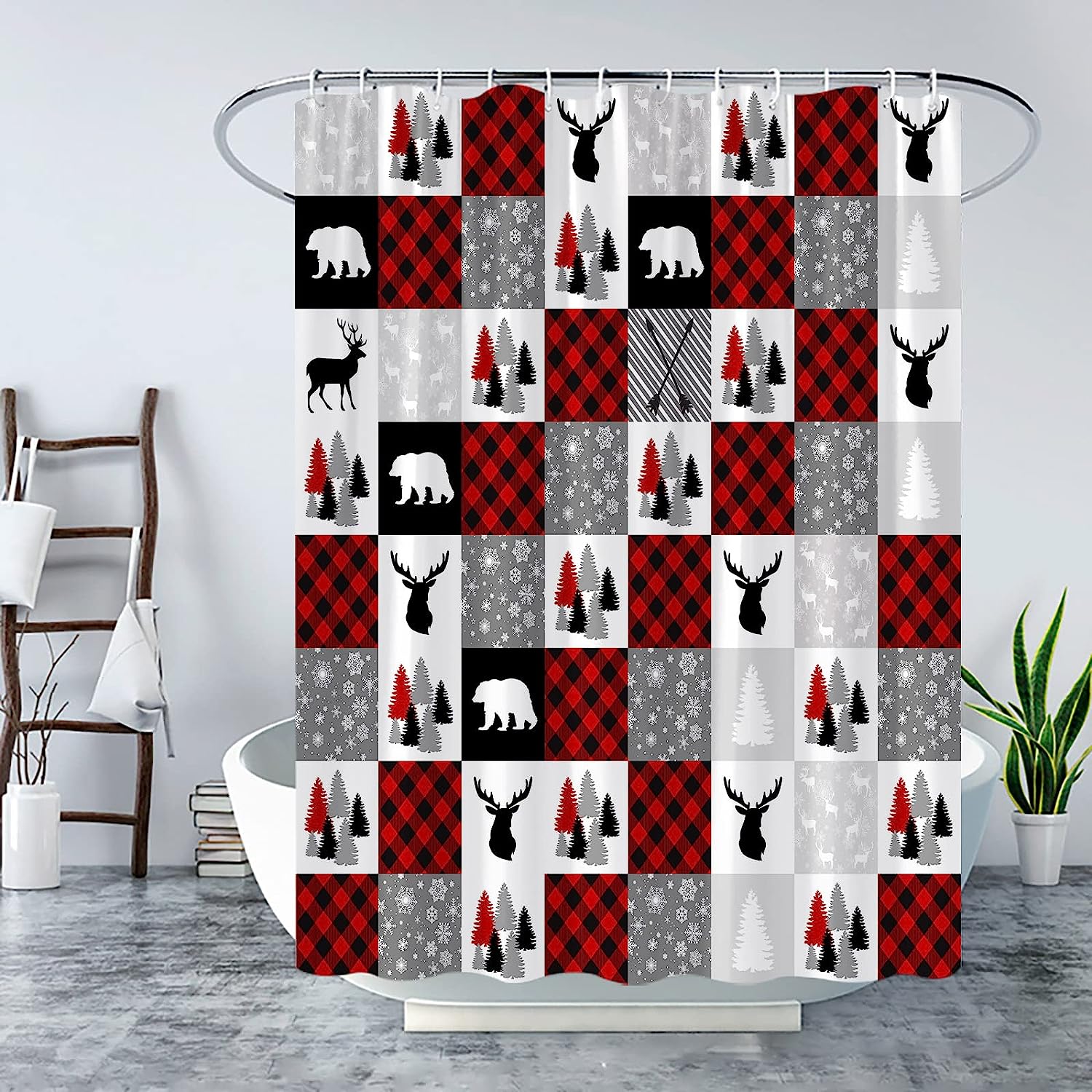 Rustic Plaid Shower Curtain With Bear, Deer, Pine Tree And Snowflake Print, Perfect For Rustic Farmhouse Bathroom - Image 2
