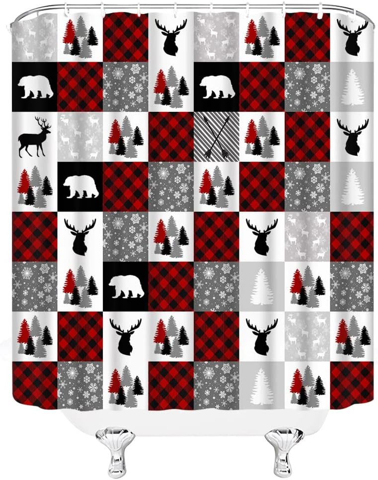 Rustic Plaid Shower Curtain With Bear, Deer, Pine Tree And Snowflake Print, Perfect For Rustic Farmhouse Bathroom - Image 3