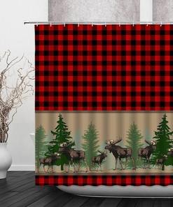 Rustic Plaid Shower Curtain With Buffalo Check, Moose And Pine Forest Print
