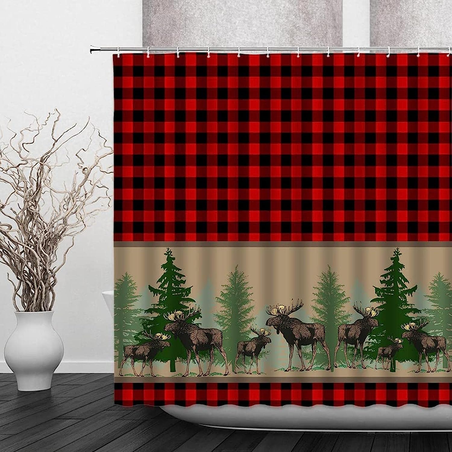 Rustic Plaid Shower Curtain With Buffalo Check, Moose And Pine Forest Print