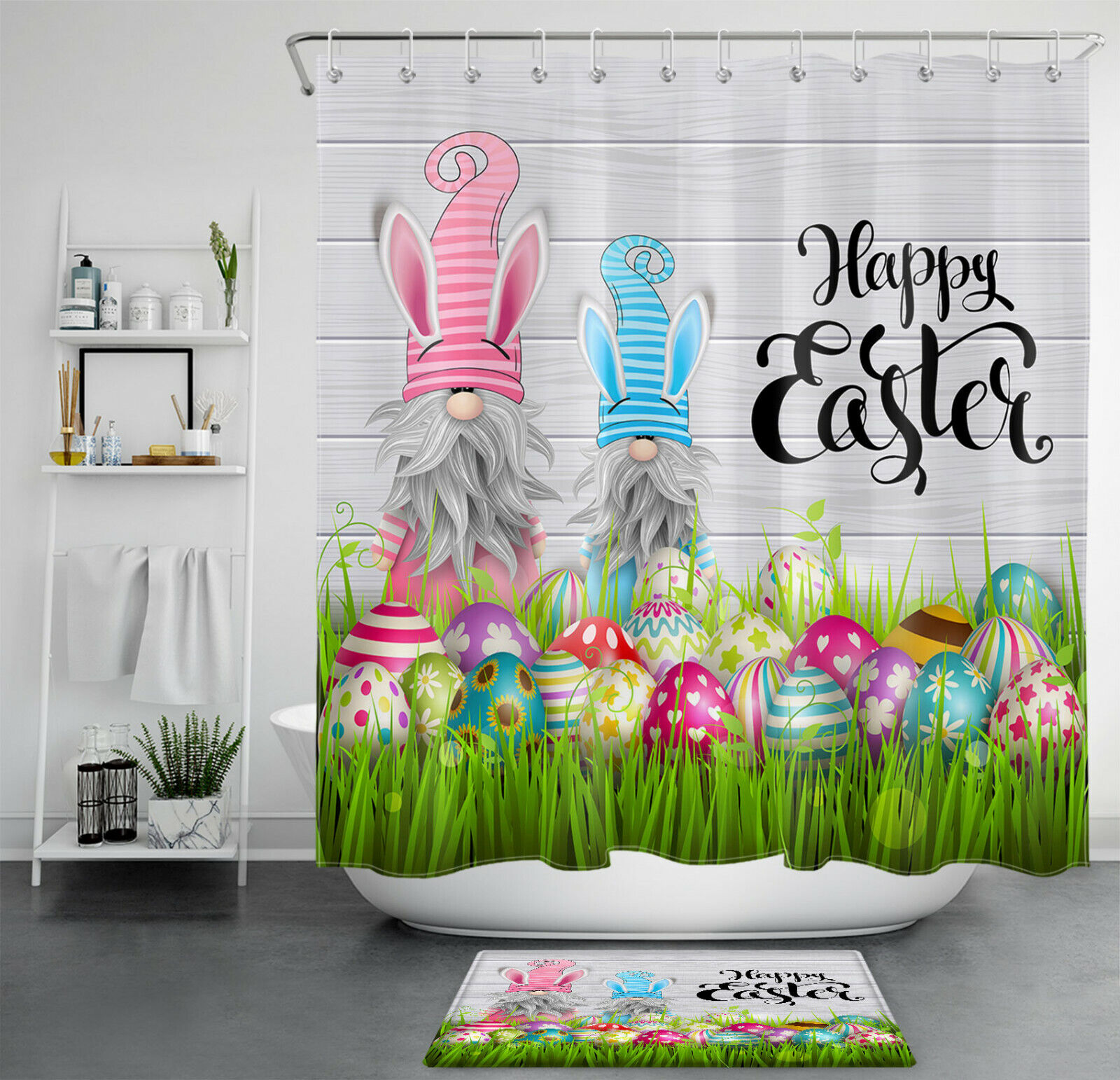 Rustic Plank Lawn Box Curtain Kit With Happy Easter Eggs Gnomes For Bathroom Decoration