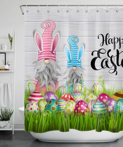 Rustic Plank Lawn Box Curtain Kit With Happy Easter Eggs Gnomes For Bathroom Decoration