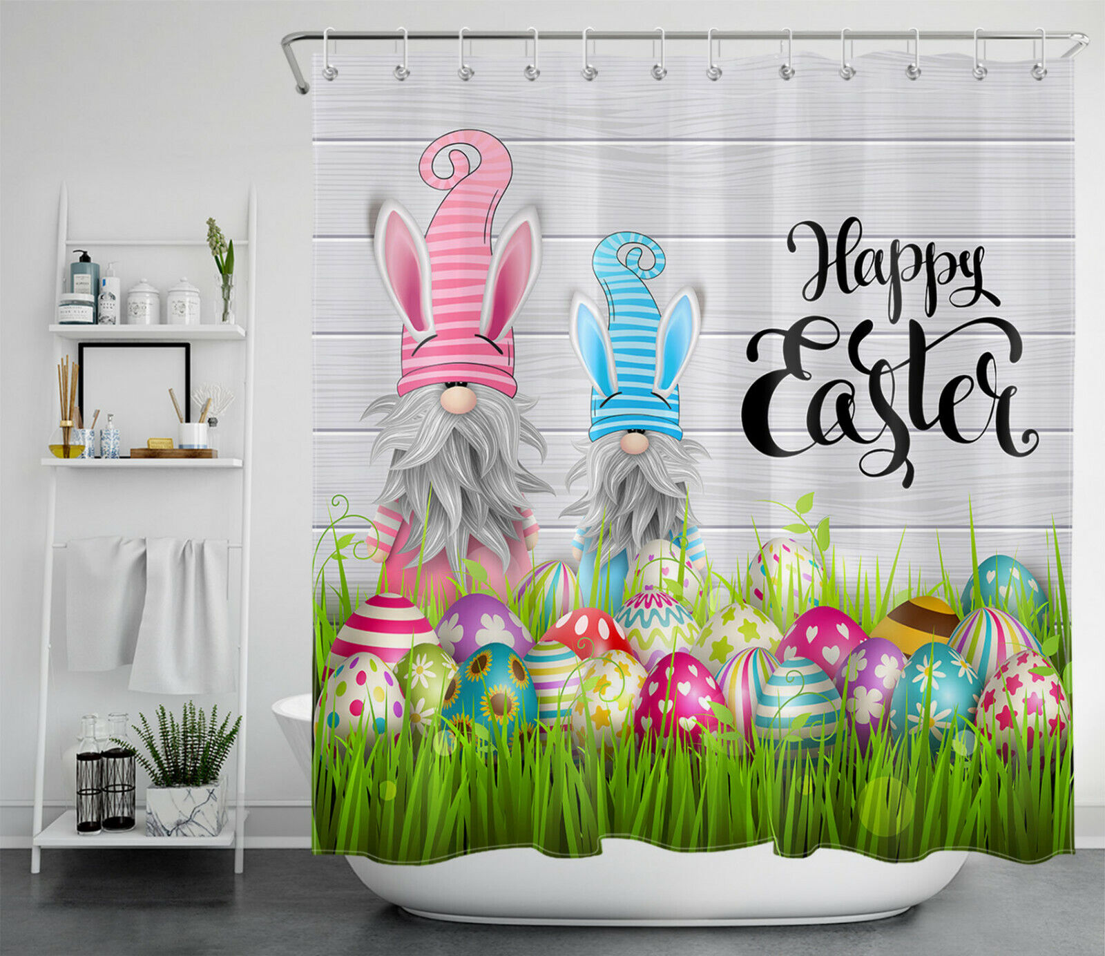 Rustic Plank Lawn Box Curtain Kit With Happy Easter Eggs Gnomes For Bathroom Decoration