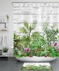 Rustic Plank and Stunning Tropical Flower Print Shower Curtain for Farmhouse Bathrooms
