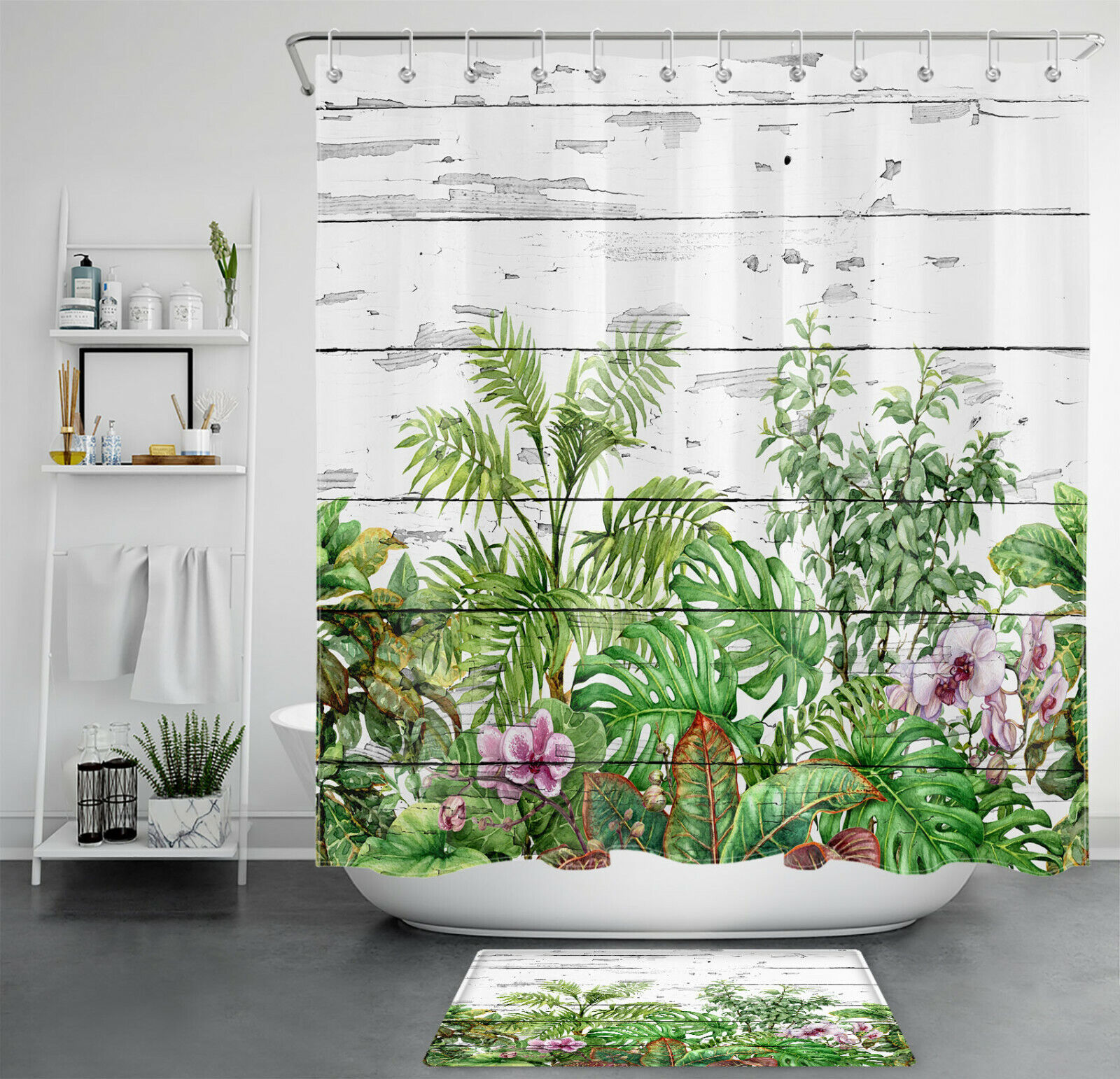 Rustic Plank and Stunning Tropical Flower Print Shower Curtain for Farmhouse Bathrooms