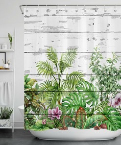 Rustic Plank and Stunning Tropical Flower Print Shower Curtain for Farmhouse Bathrooms