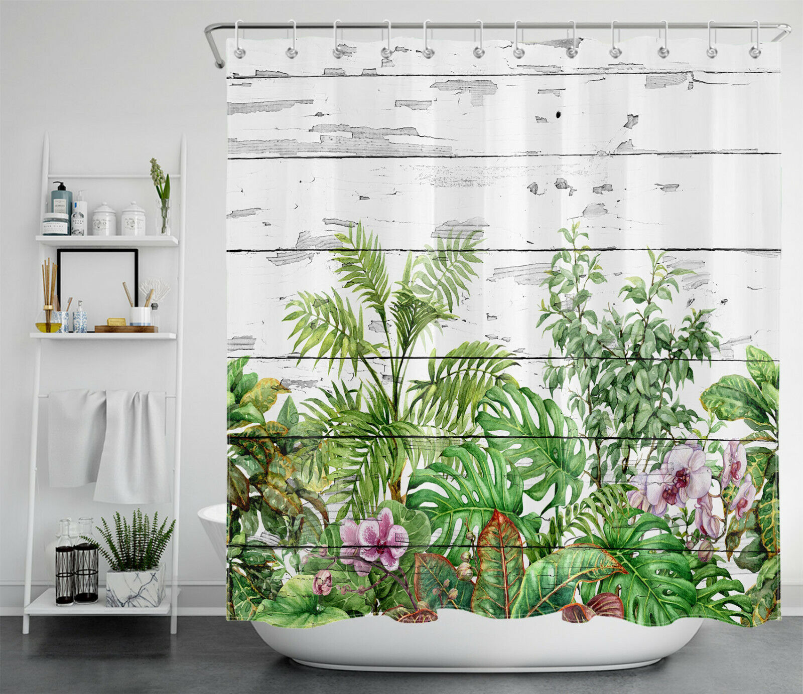 Rustic Plank and Stunning Tropical Flower Print Shower Curtain for Farmhouse Bathrooms