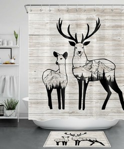 Rustic Planks Abstract Forest Wildlife Elk Printed Shower Curtain for Bathroom Decor
