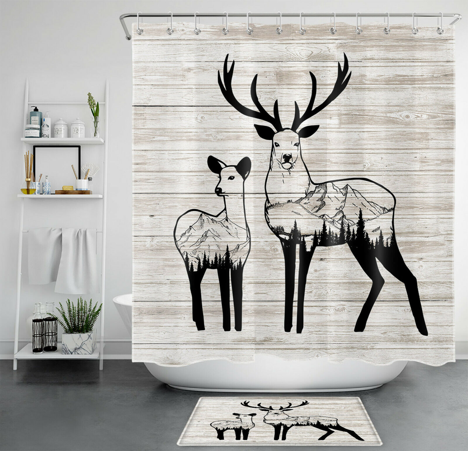 Rustic Planks Abstract Forest Wildlife Elk Printed Shower Curtain for Bathroom Decor