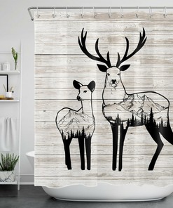 Rustic Planks Abstract Forest Wildlife Elk Printed Shower Curtain for Bathroom Decor