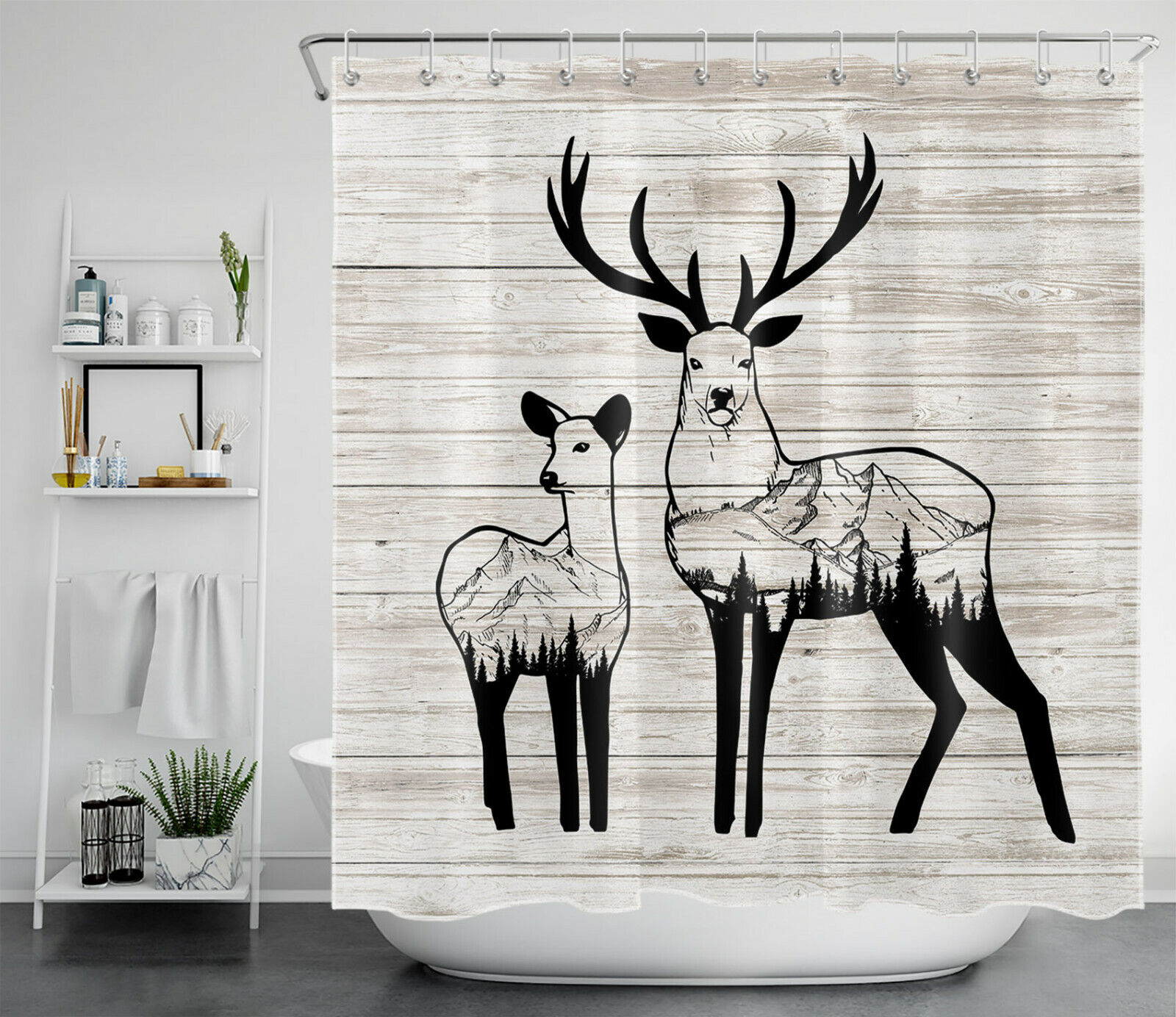 Rustic Planks Abstract Forest Wildlife Elk Printed Shower Curtain for Bathroom Decor
