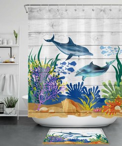 Rustic Planks Blue Dolphin Conch and Aquatic Plant Shower Curtain for Beachy Bathroom Decor