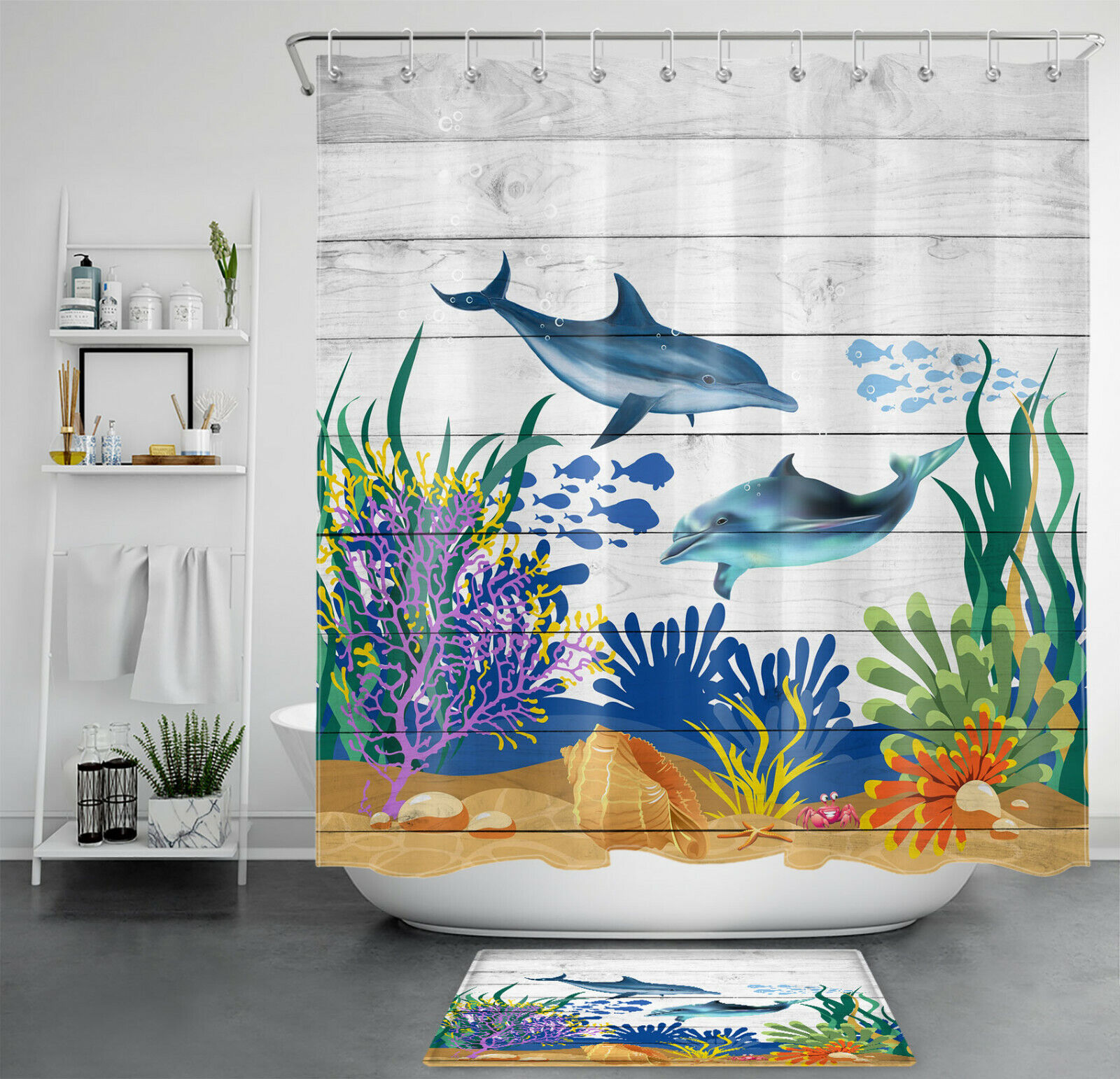 Rustic Planks Blue Dolphin Conch and Aquatic Plant Shower Curtain for Beachy Bathroom Decor