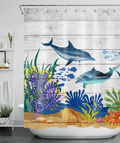 Rustic Planks Blue Dolphin Conch and Aquatic Plant Shower Curtain for Beachy Bathroom Decor