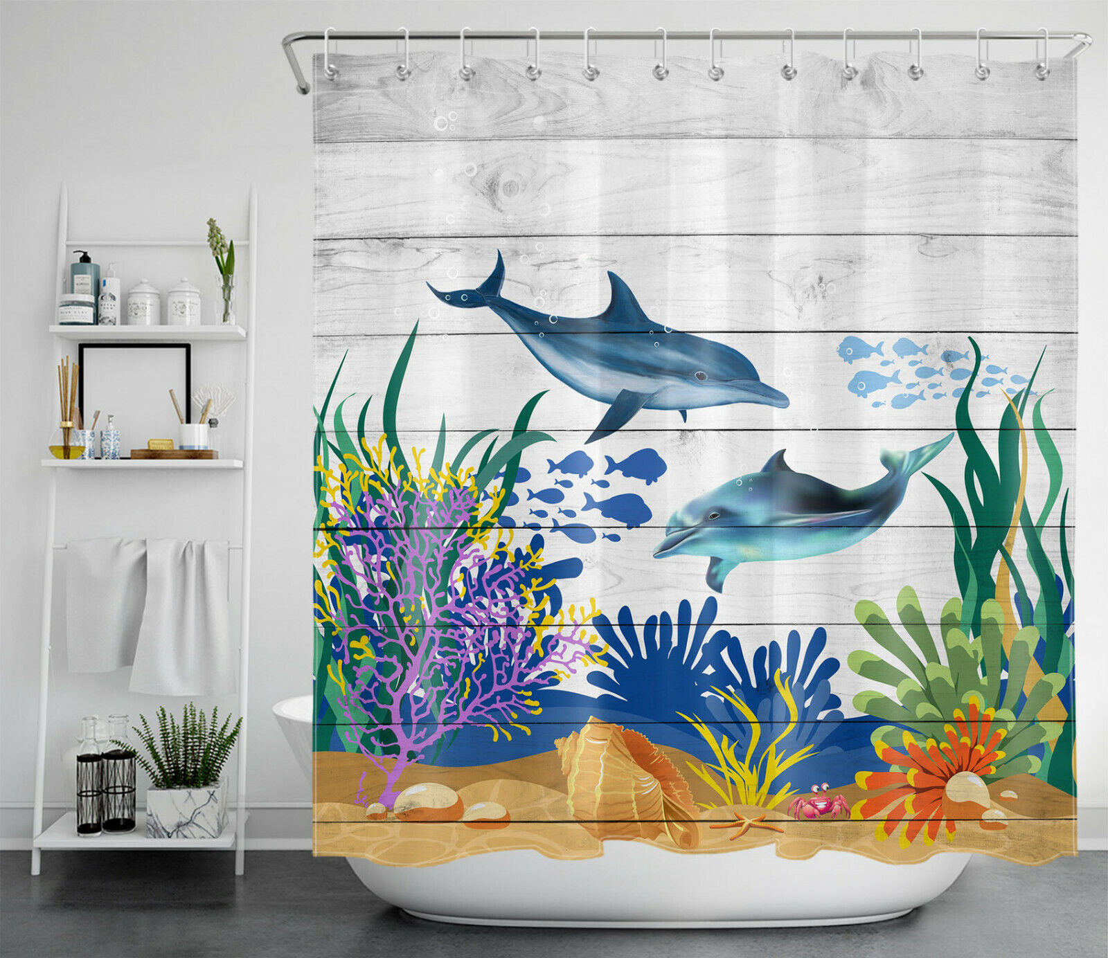 Rustic Planks Blue Dolphin Conch and Aquatic Plant Shower Curtain for Beachy Bathroom Decor