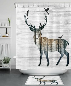 Rustic Planks Elk Forest Tree and Bird Shadow Printed Shower Curtain for Bathroom Decor