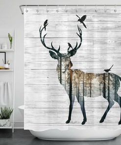 Rustic Planks Elk Forest Tree and Bird Shadow Printed Shower Curtain for Bathroom Decor