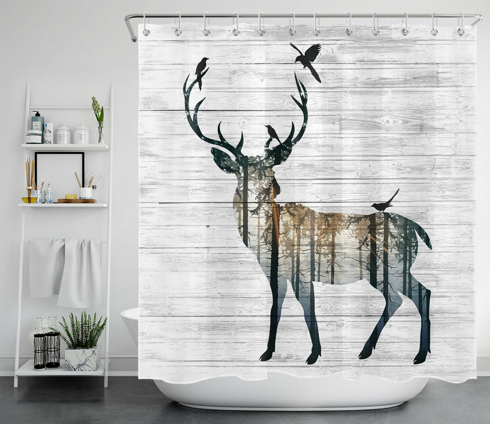 Rustic Planks Elk Forest Tree and Bird Shadow Printed Shower Curtain for Bathroom Decor