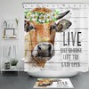 Rustic Planks Farm Animal Cow Green Leaves and Flowers Shower Curtain for Bathroom Decor