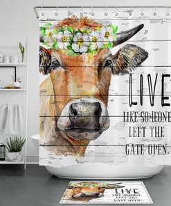 Rustic Planks Farm Animal Cow Green Leaves and Flowers Shower Curtain for Bathroom Decor