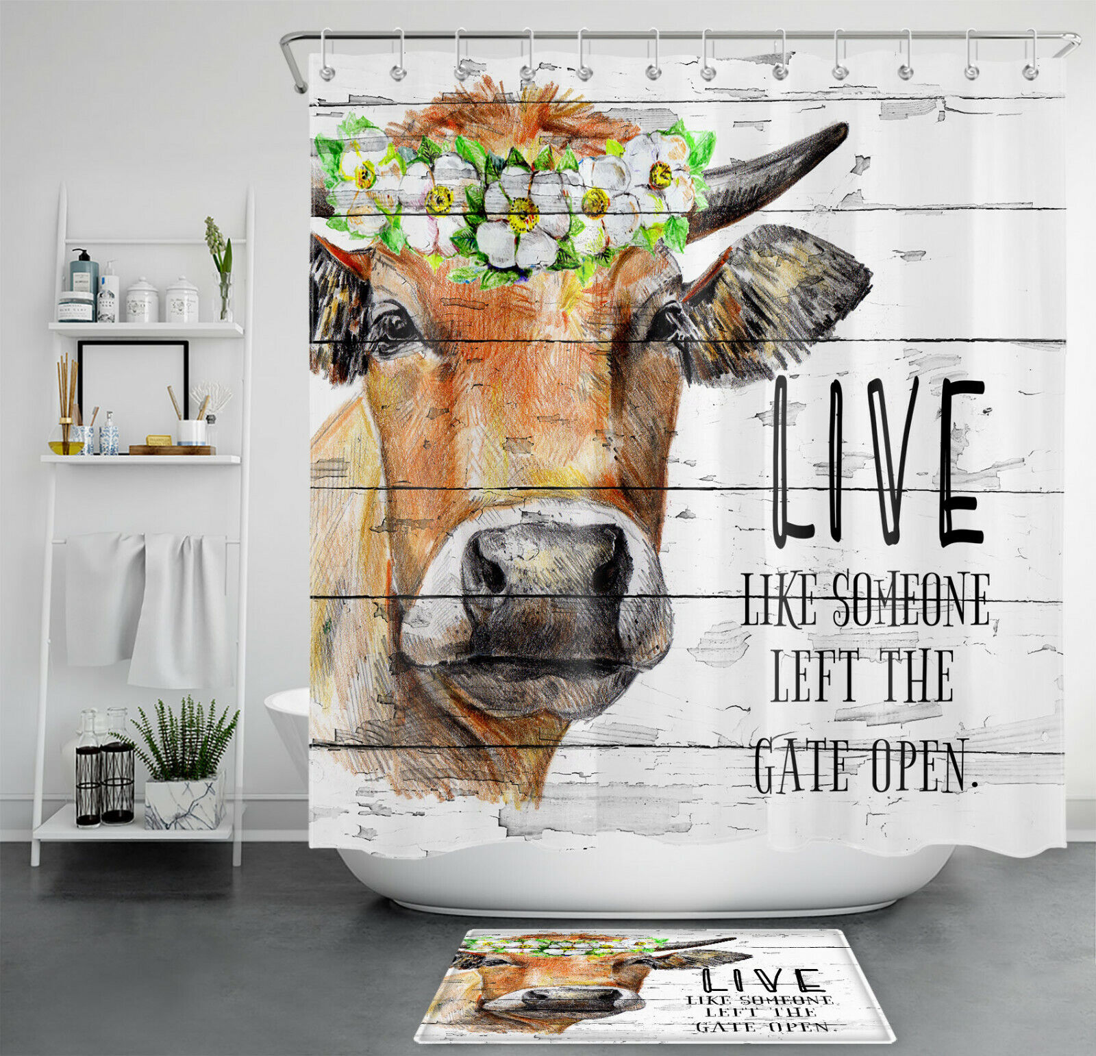 Rustic Planks Farm Animal Cow Green Leaves and Flowers Shower Curtain for Bathroom Decor