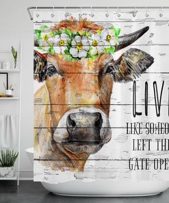Rustic Planks Farm Animal Cow Green Leaves and Flowers Shower Curtain for Bathroom Decor