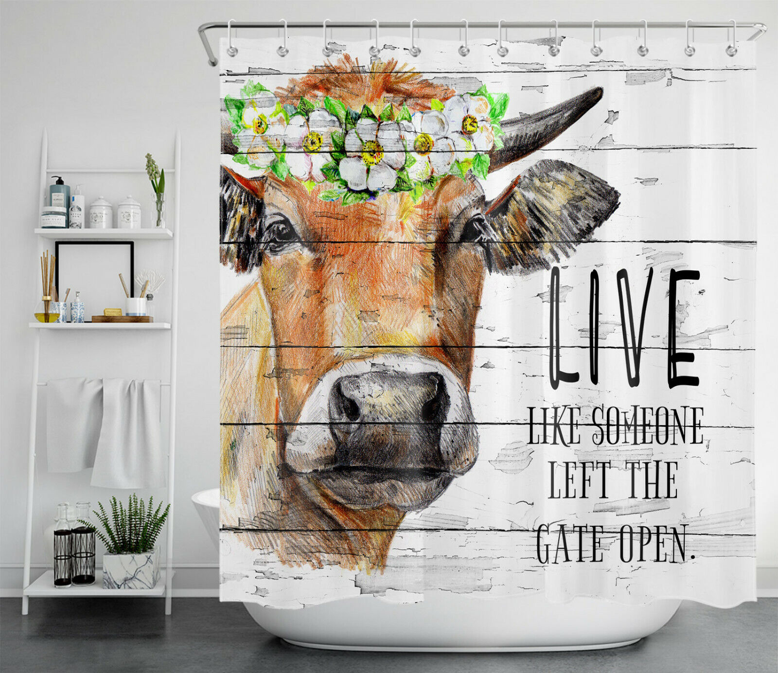 Rustic Planks Farm Animal Cow Green Leaves and Flowers Shower Curtain for Bathroom Decor