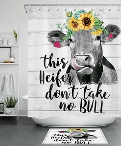 Rustic Planks Funny Farm Animal Cow and Sunflower Printed Shower Curtain