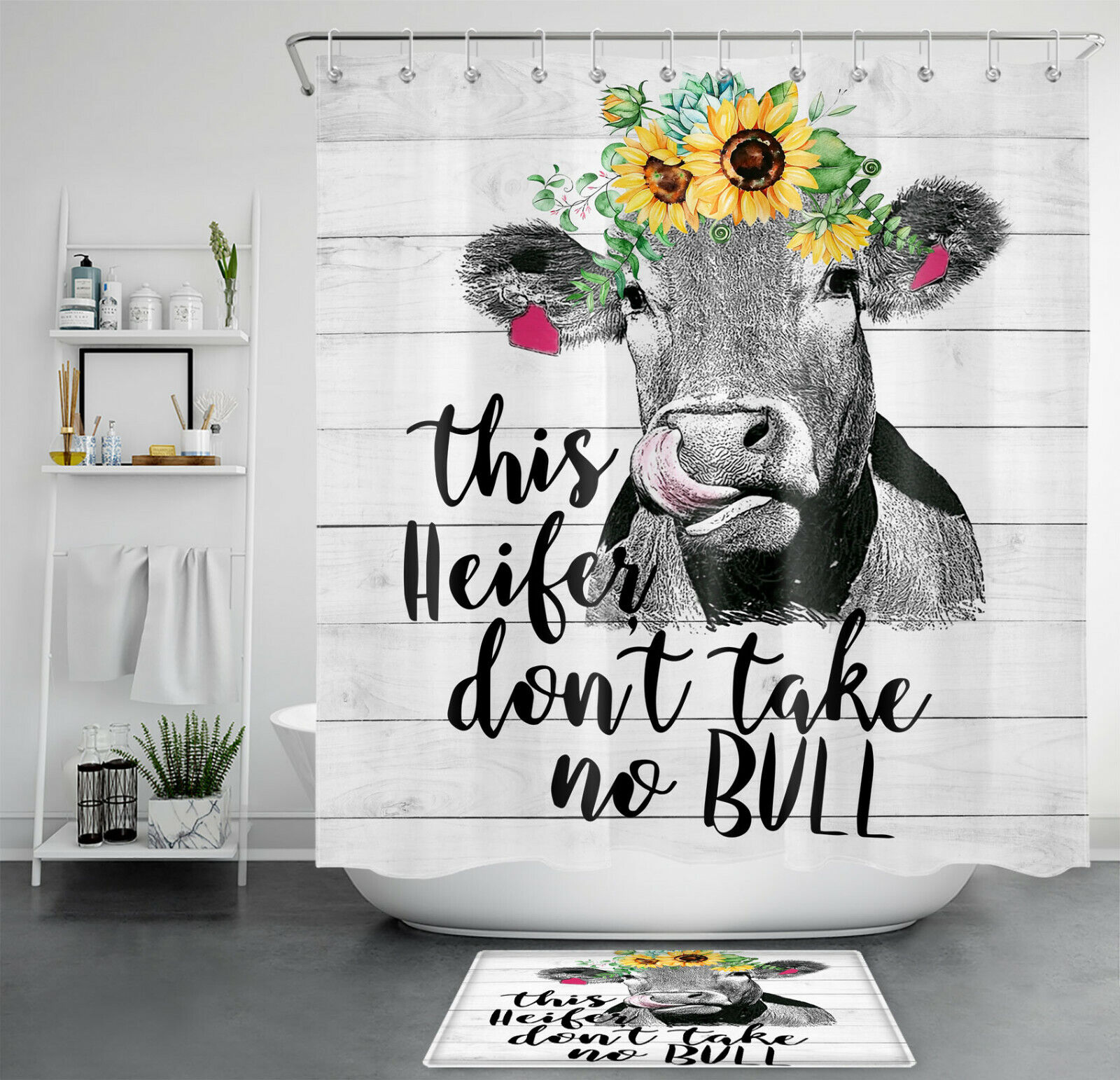Rustic Planks Funny Farm Animal Cow and Sunflower Printed Shower Curtain