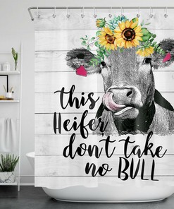 Rustic Planks Funny Farm Animal Cow and Sunflower Printed Shower Curtain