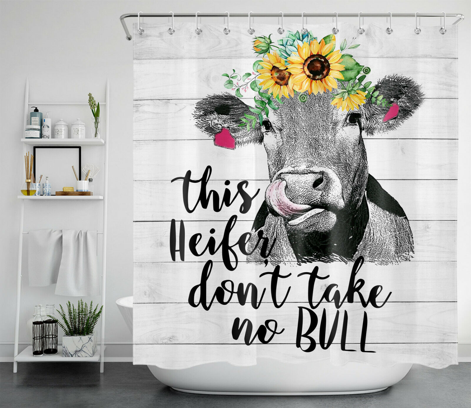 Rustic Planks Funny Farm Animal Cow and Sunflower Printed Shower Curtain