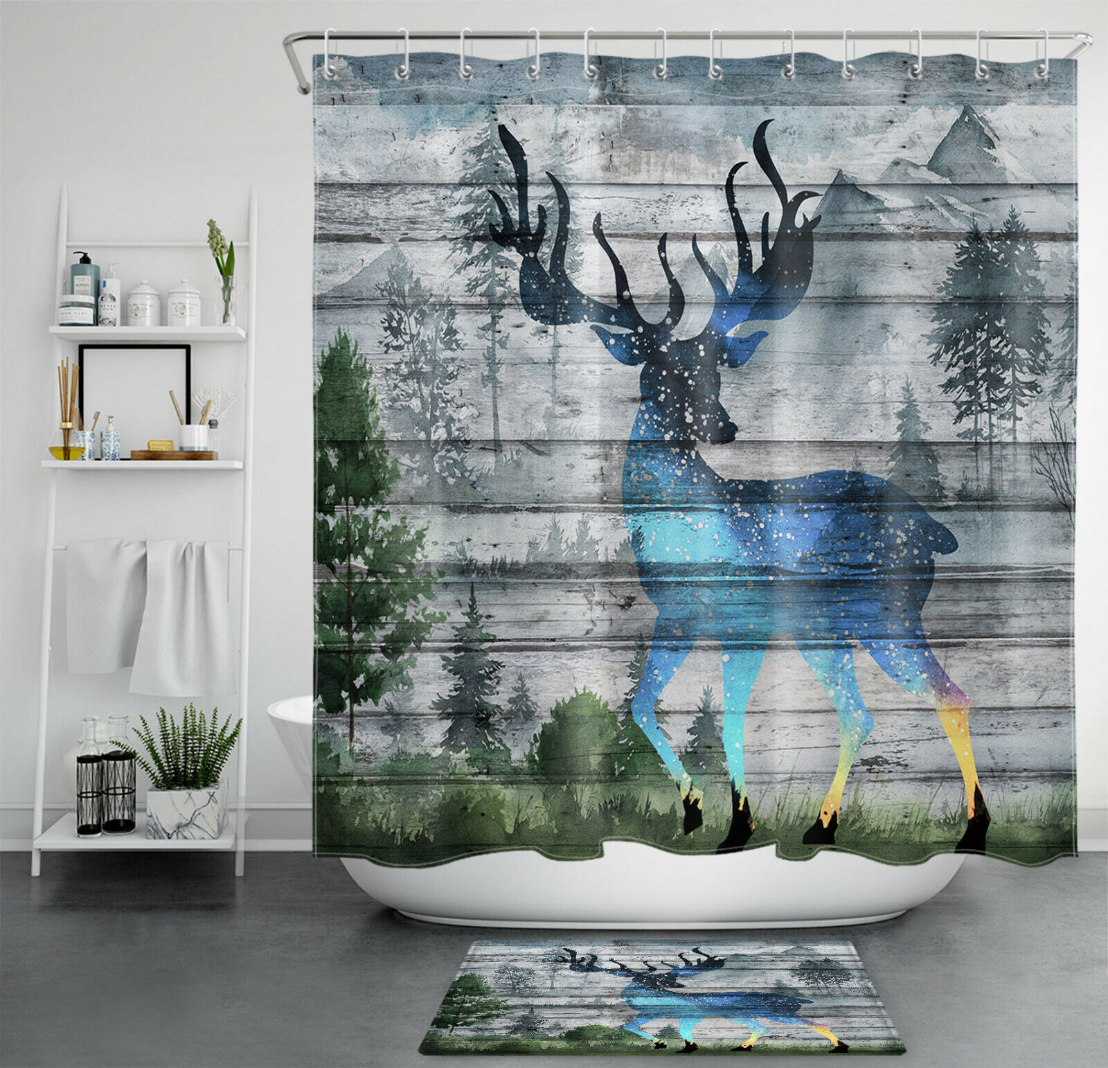 Rustic Planks Mountain Forest Blue Fantasy Elk Shower Curtain for Bathroom Decor