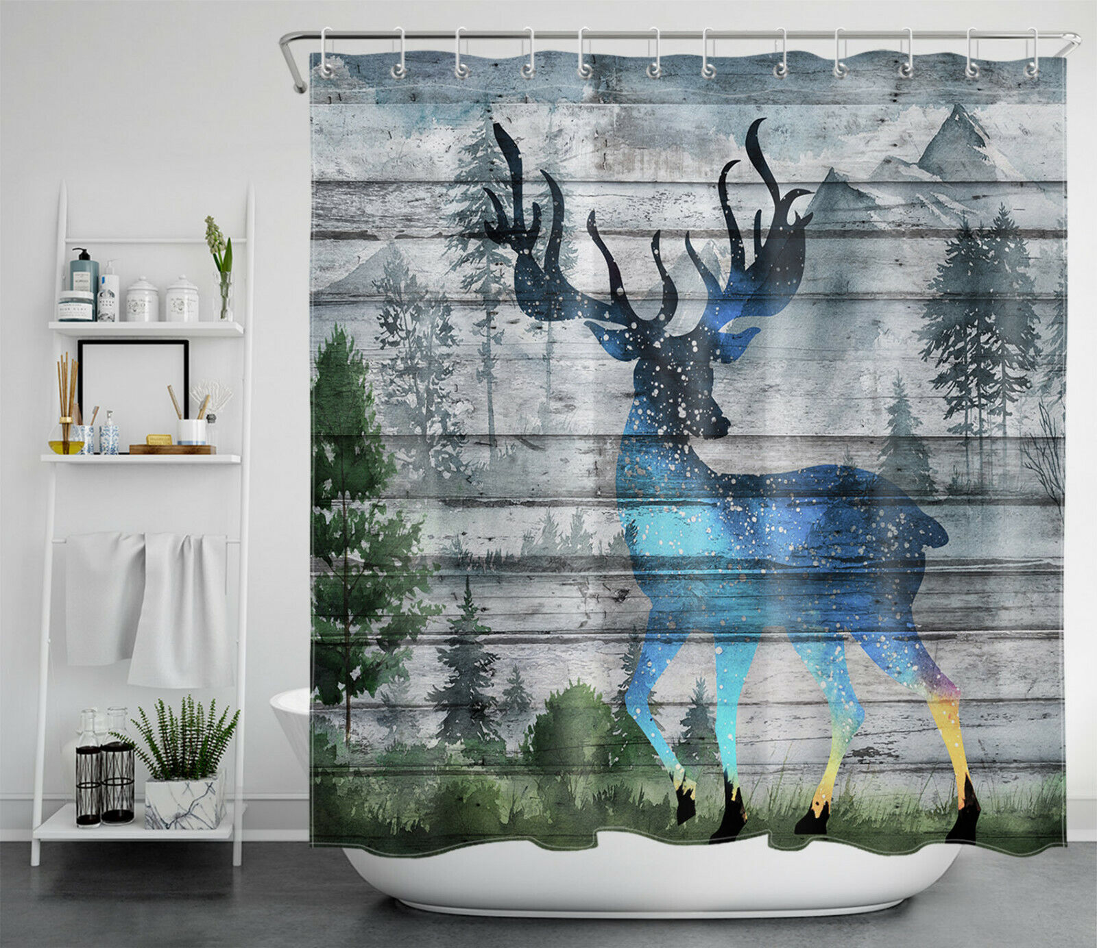 Rustic Planks Mountain Forest Blue Fantasy Elk Shower Curtain for Bathroom Decor