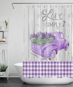 Rustic Planks Purple Truck and Buffalo Plaid Lavender Shower Curtain for Bathroom Decor