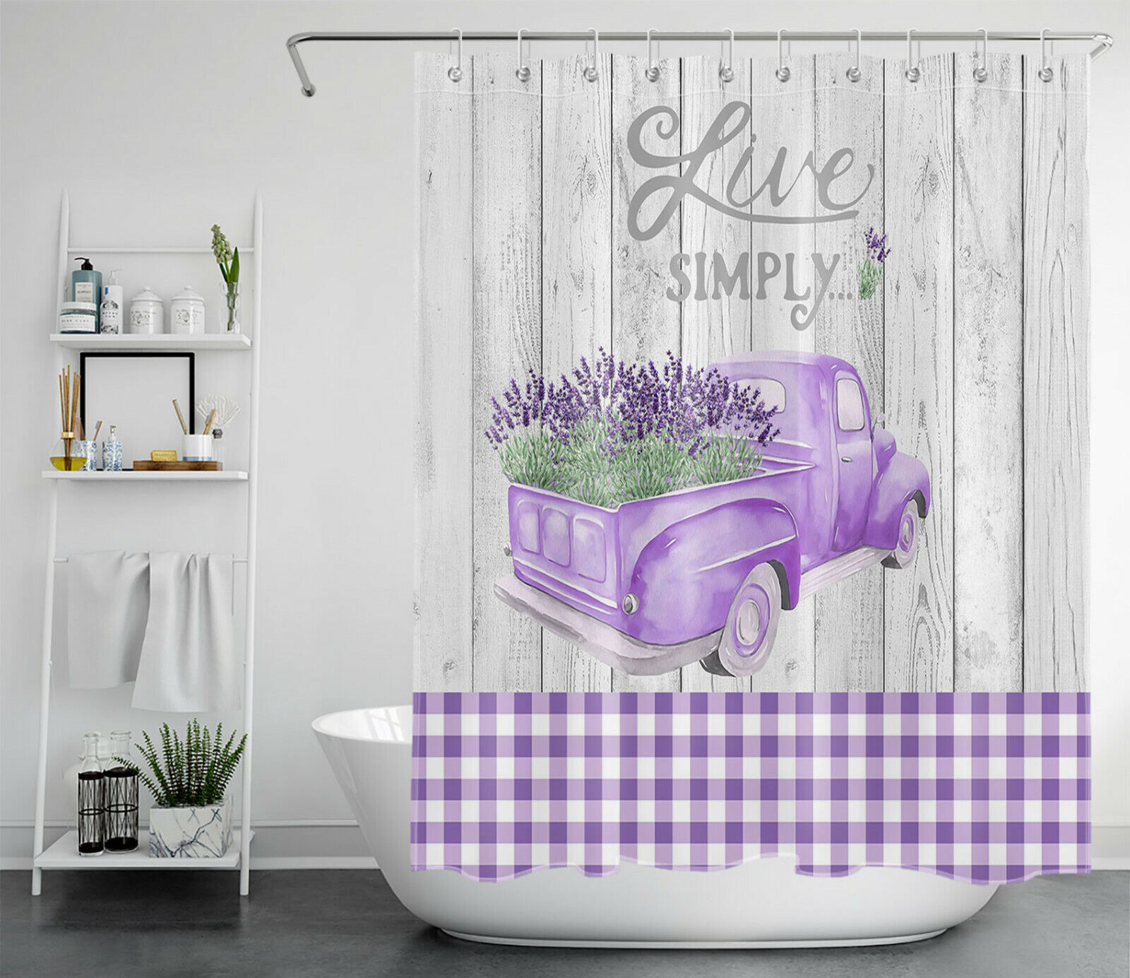 Rustic Planks Purple Truck and Buffalo Plaid Lavender Shower Curtain for Bathroom Decor