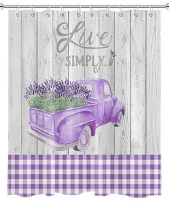 Rustic Planks Purple Truck and Buffalo Plaid Lavender Shower Curtain for Bathroom Decor