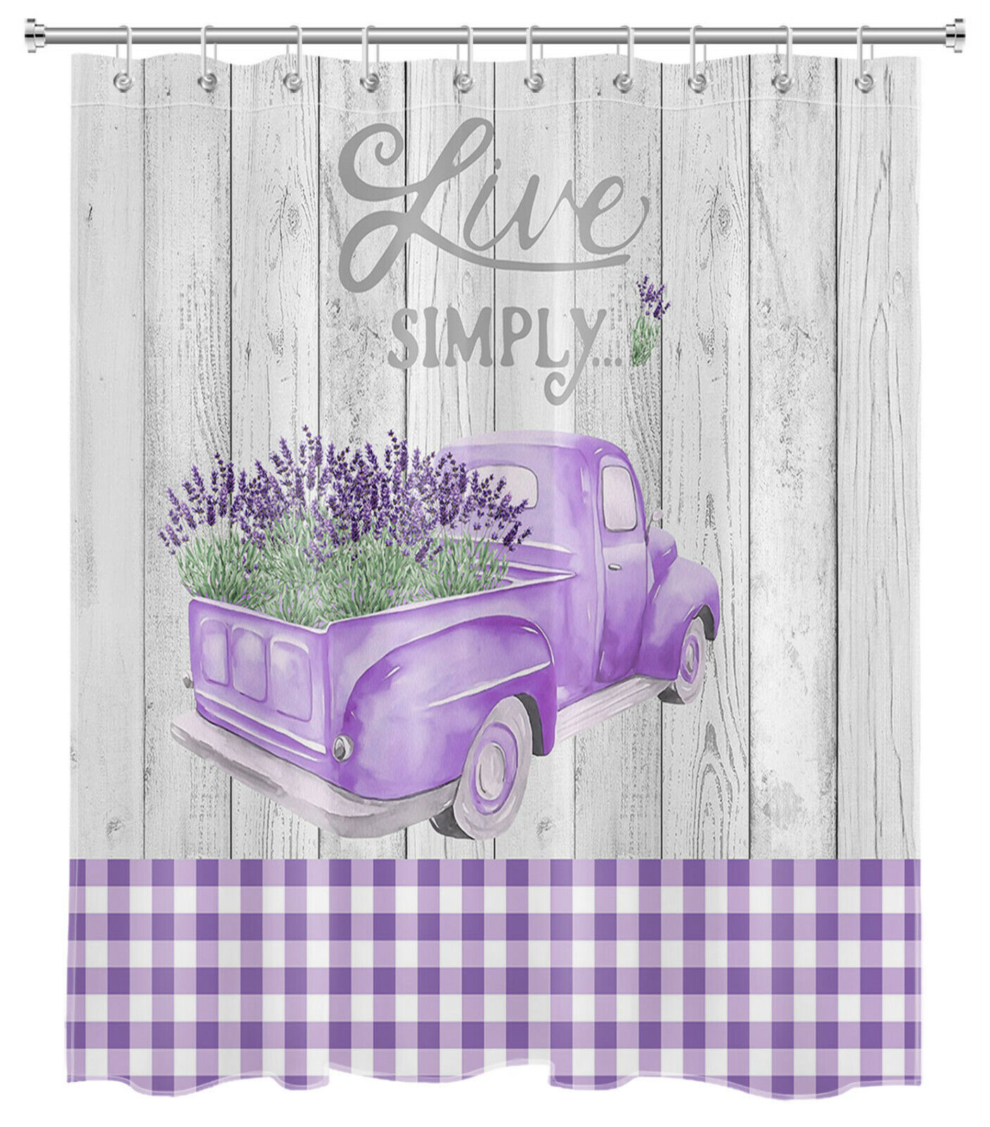 Rustic Planks Purple Truck and Buffalo Plaid Lavender Shower Curtain for Bathroom Decor