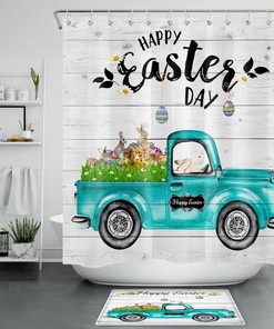 Rustic Planks Retro Truck And Easter Rabbit Shower Curtain For Bathroom Decor