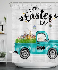 Rustic Planks Retro Truck And Easter Rabbit Shower Curtain For Bathroom Decor