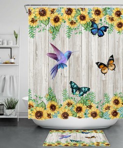 Rustic Planks Sunflower Butterfly and Hummingbird Shower Curtain for Bathroom Decor