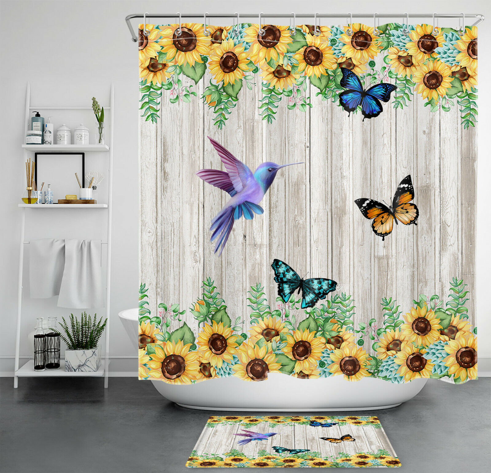 Rustic Planks Sunflower Butterfly and Hummingbird Shower Curtain for Bathroom Decor